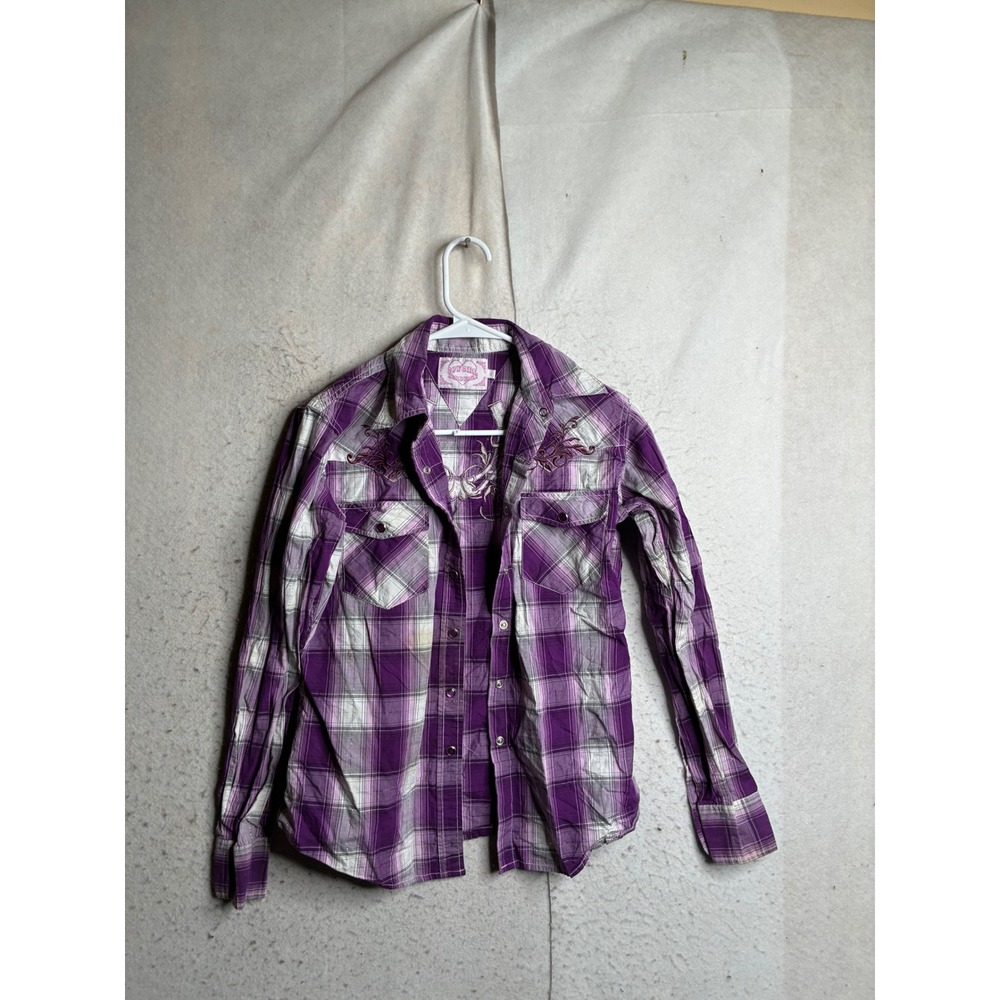 Cowgirl Hardware Womens Purple Plaid Western Snap Embroidery Shirt Small 9423